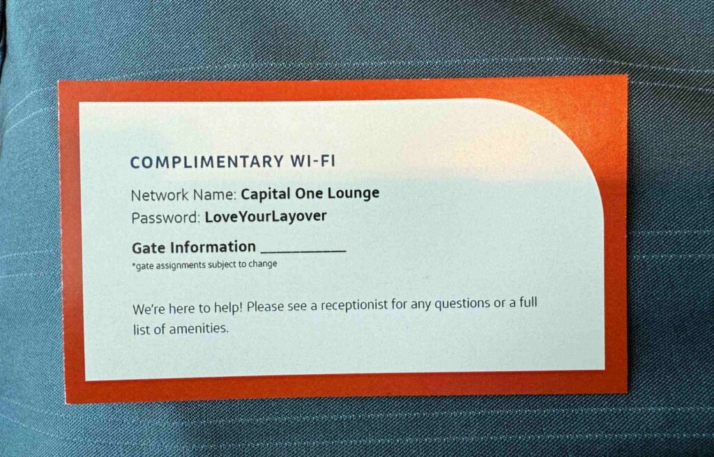 Capital One Lounge welcome card with the mission statement.
