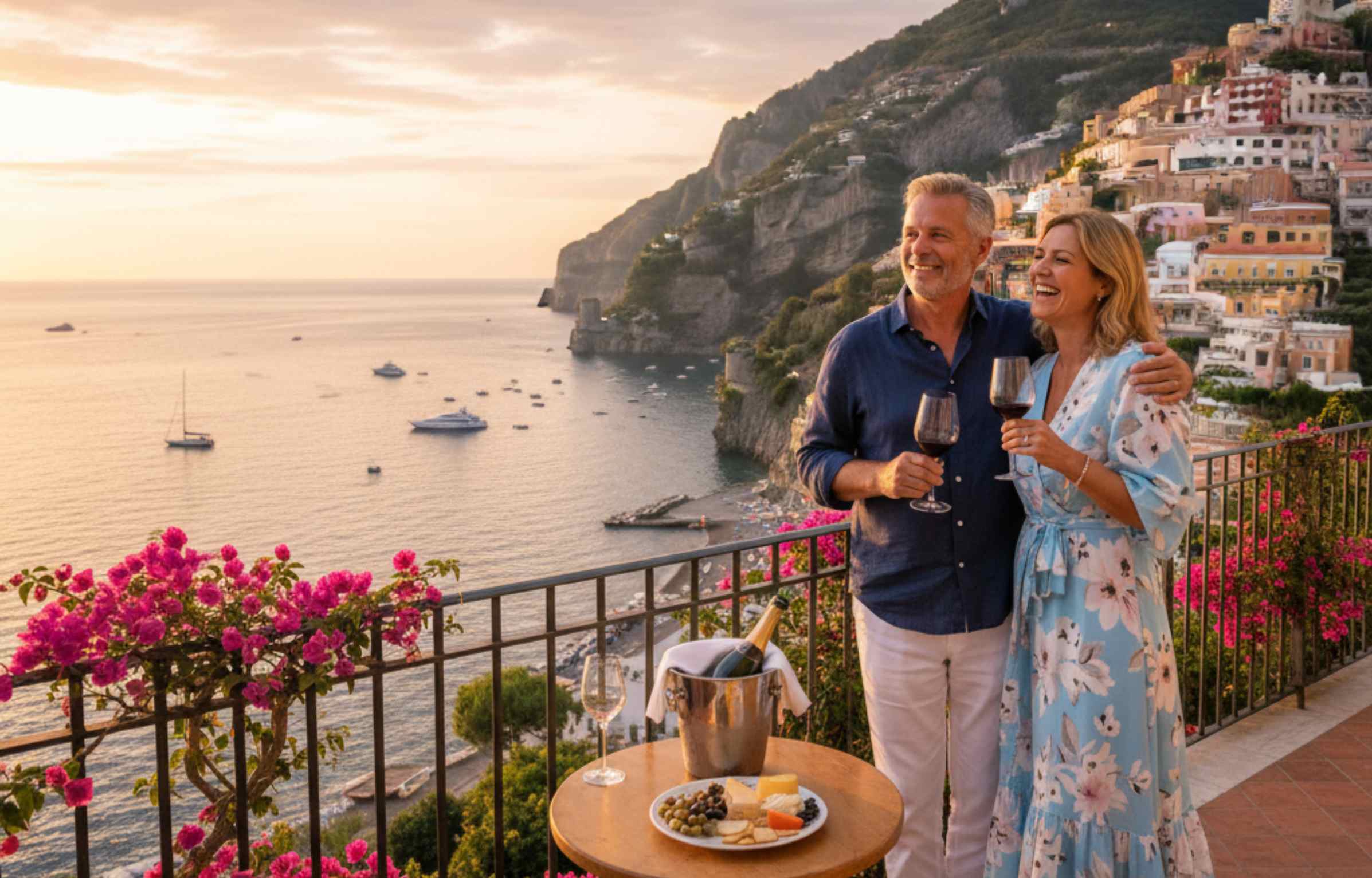 A smiling couple enjoys wine on a balcony overlooking the Amalfi Coast at sunset, surrounded by pink flowers and calm sea views.