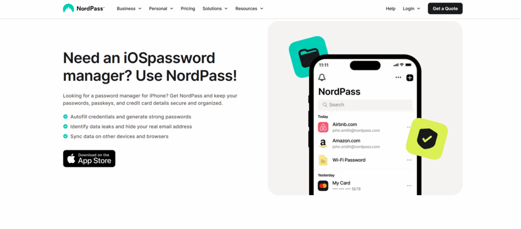 NordPass app page showing iPhone password manager features with autofill, data leak alerts, and sync options.