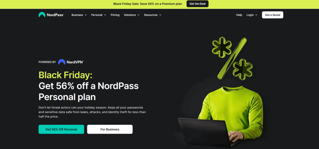NordPass homepage showing a Black Friday offer for a discounted Personal plan with a person in a green shirt using a laptop under a large percentage symbol.