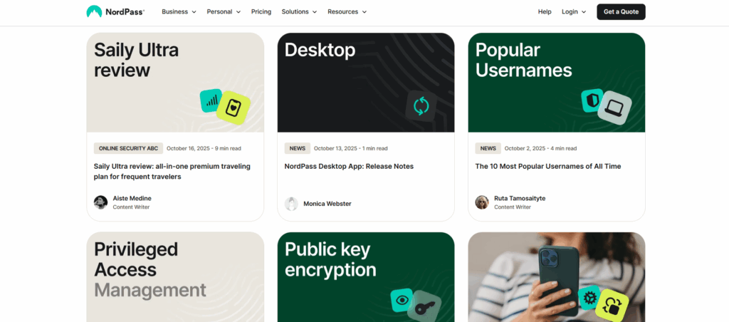 NordPass blog page showing articles on security topics like app updates, usernames, and encryption.