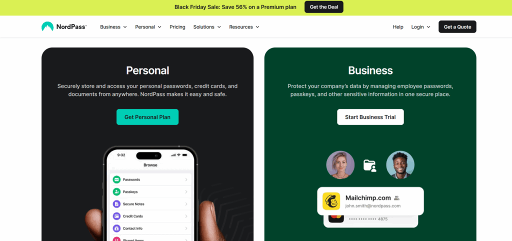 Homepage of NordPass showing Personal and Business plans for secure password storage and data protection, highlighting the nordpass review 2025 focus on safety and easy account management.