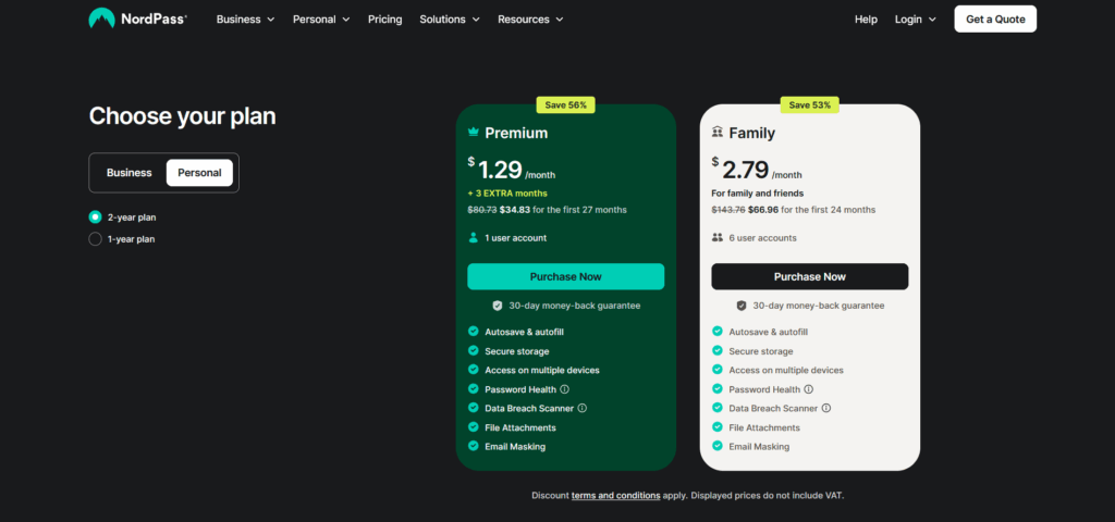 NordPass pricing page showing Premium and Family plans with monthly rates and key security features.