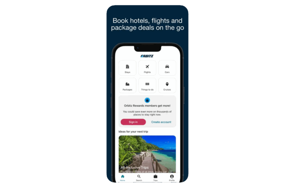 Mobile phone screen showing the Orbitz app interface with options to book hotels, flights, cars, packages, and cruises on the go.