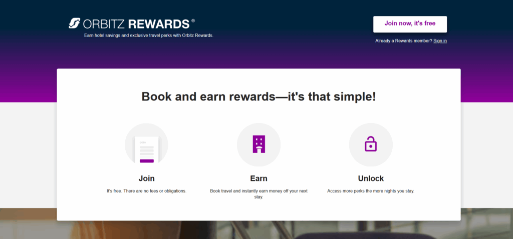 Orbitz Rewards homepage showing Join, Earn, and Unlock icons with a message encouraging users to join for free and earn perks on future stays.