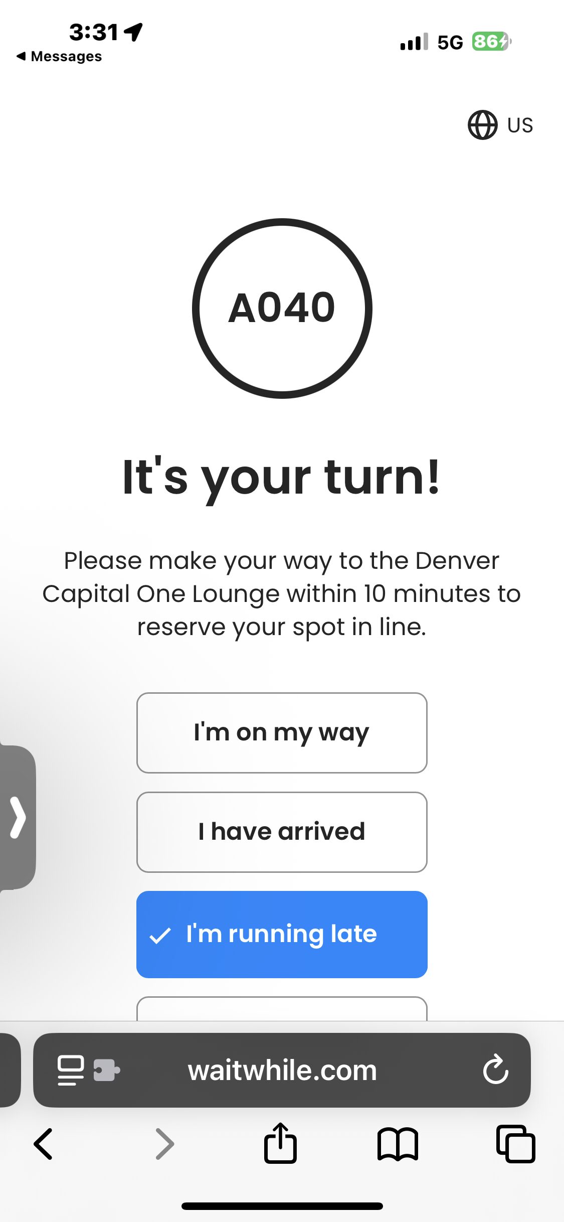Phone screen with a digital queue message for the Denver Capital One Lounge and arrival options.