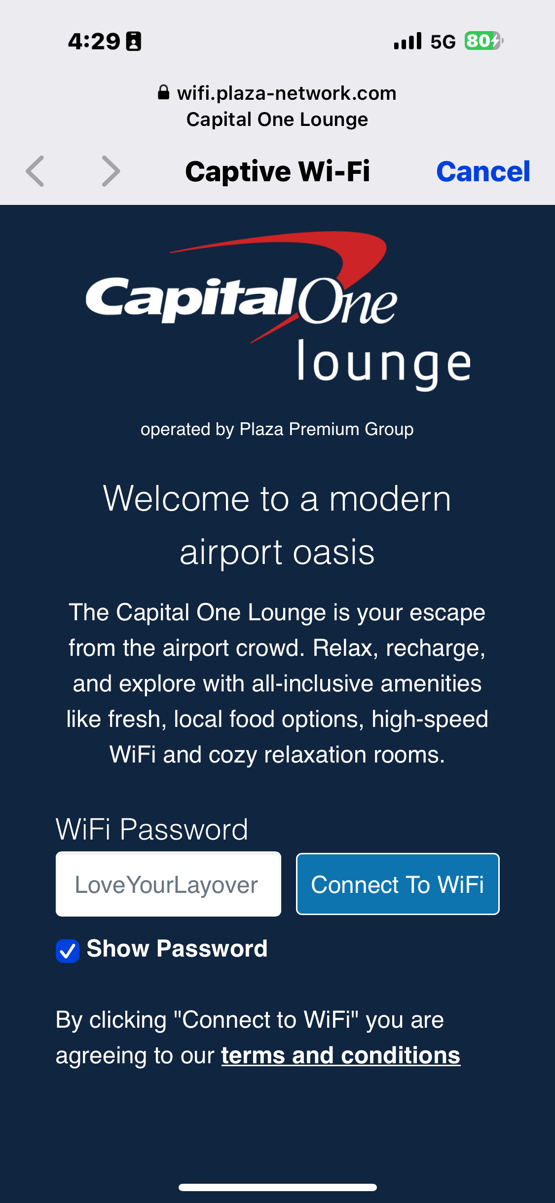 Capital One Lounge Wi-Fi login page showing the password “LoveYourLayover” and connection options for guests.