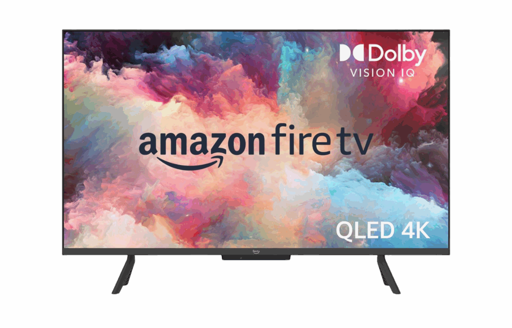 Amazon Fire TV QLED 4K television displaying colorful abstract screen.