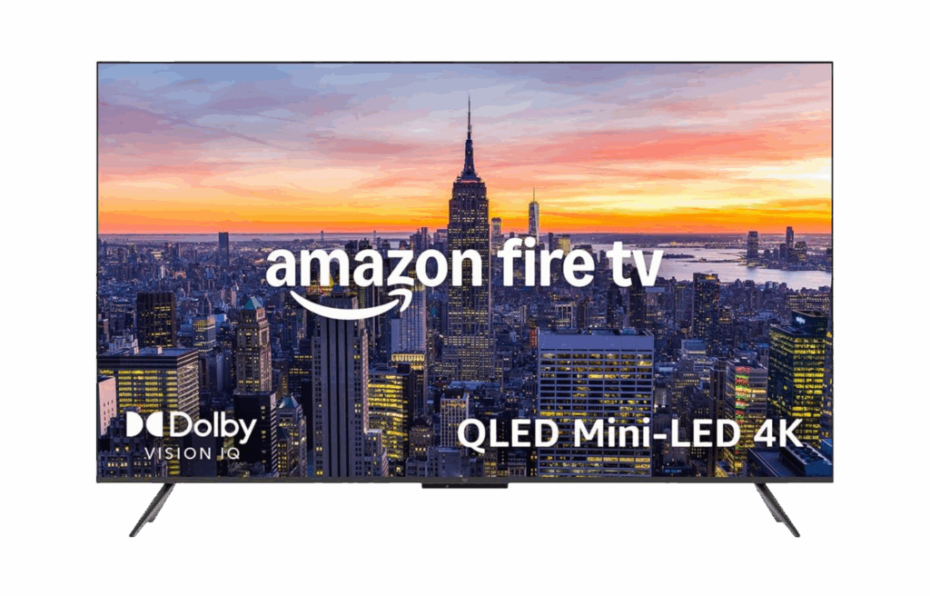 Amazon Fire TV QLED Mini-LED 4K television showing a city skyline at sunset.