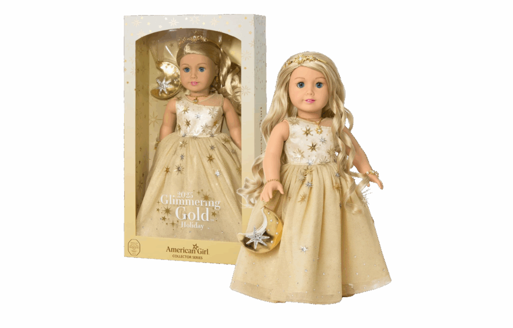 American Girl 2025 holiday doll in a gold dress with matching boxed packaging.