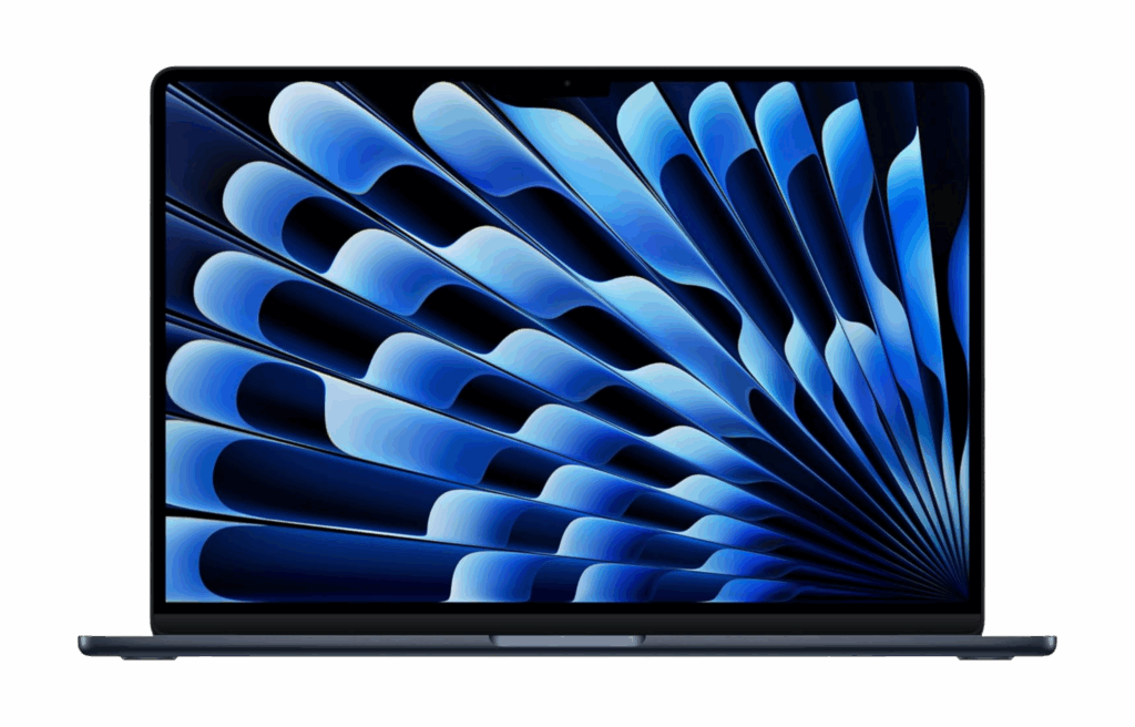 Apple MacBook Air with a vibrant blue abstract wallpaper.