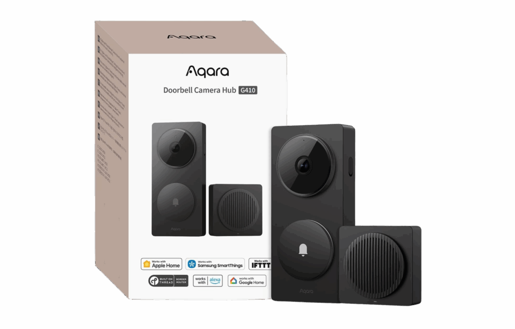 Smart black Aqara G410 doorbell camera hub with packaging and chime unit featured for amazon black friday deals 2025.