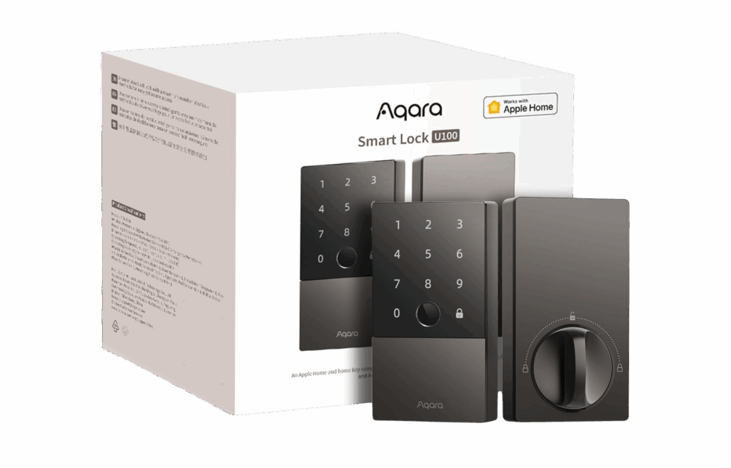 Aqara U100 smart lock with keypad and packaging box in a sleek black finish.