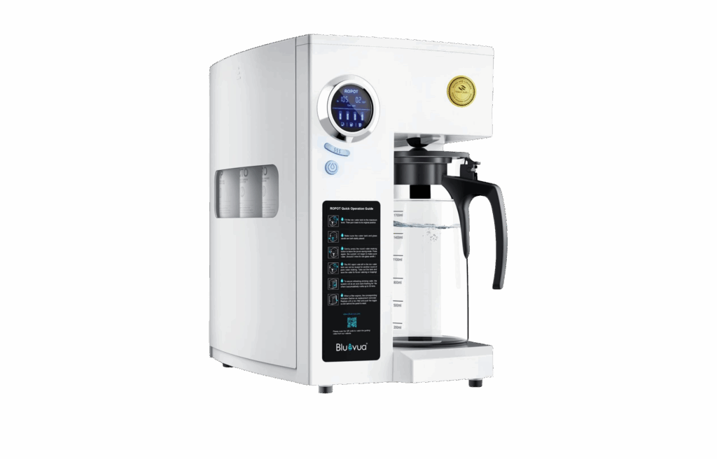 Countertop Bluevua water filtration system with glass carafe.