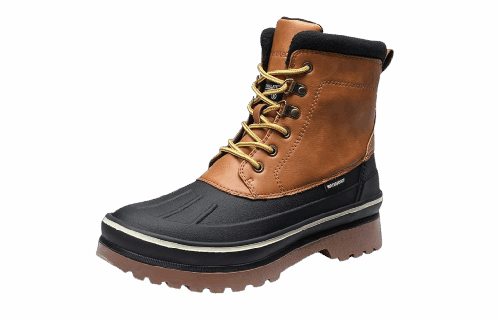 A brown and black waterproof winter boot with yellow laces.