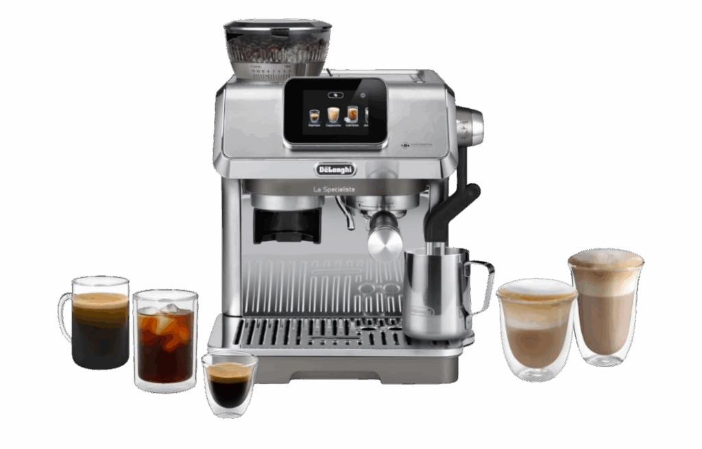 De’Longhi La Specialista espresso machine with assorted coffee drinks.