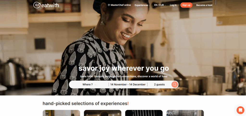 A woman cooking while browsing options appears, illustrating the platform for this eatwith review.