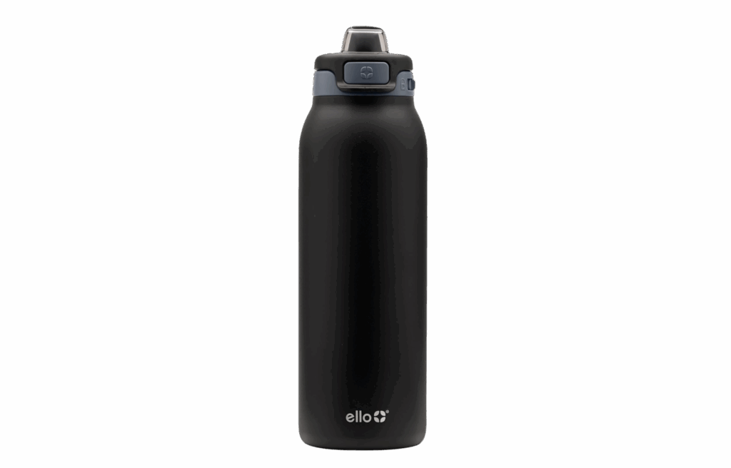 A black stainless steel water bottle with a flip-top lid.