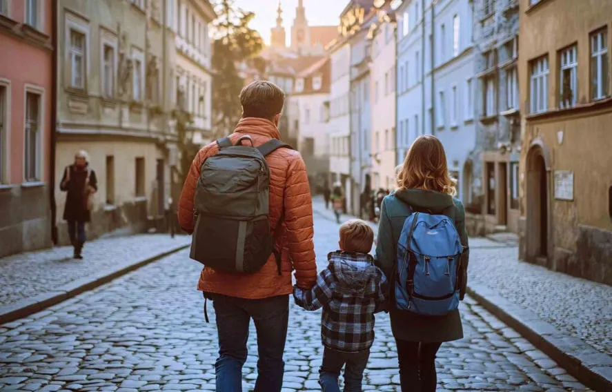 Family walking hand in hand along a cobblestone street in a historic neighborhood within one of the best suburbs near boston for families.