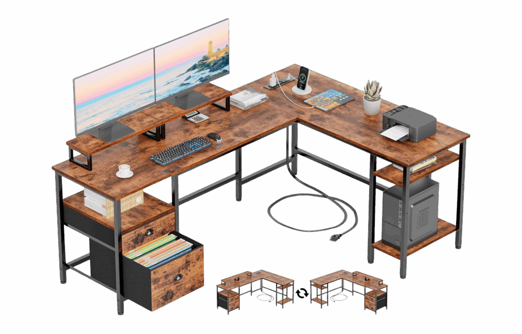 L-shaped wooden desk setup with storage shelves