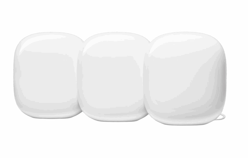 Three white Google Nest WiFi Pro units arranged side by side.