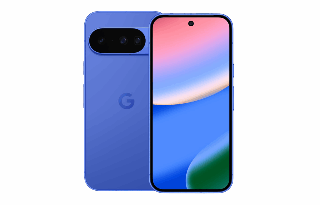Google Pixel 10 smartphone shown in blue with front and back view.
