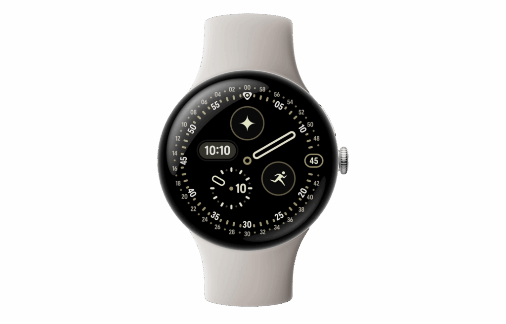 Google Pixel Watch 4 with round face and minimal beige band.