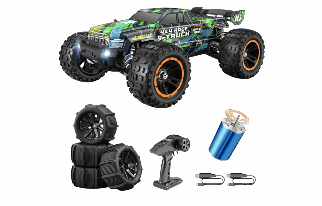 HAIBOXING RC monster truck with spare tires, remote, motor, and accessories.