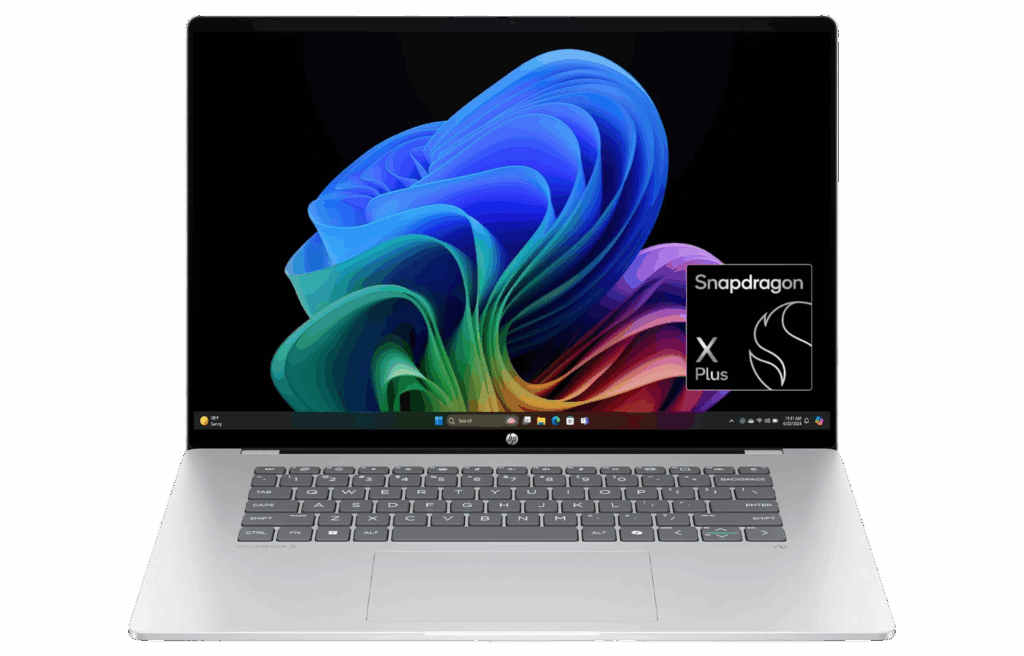 HP OmniBook laptop with colorful Windows display.