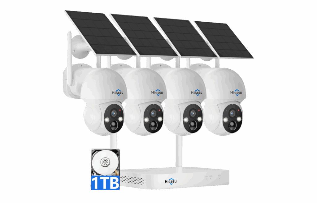 Hiseeu solar-powered outdoor security camera system with four cameras and 1TB NVR.