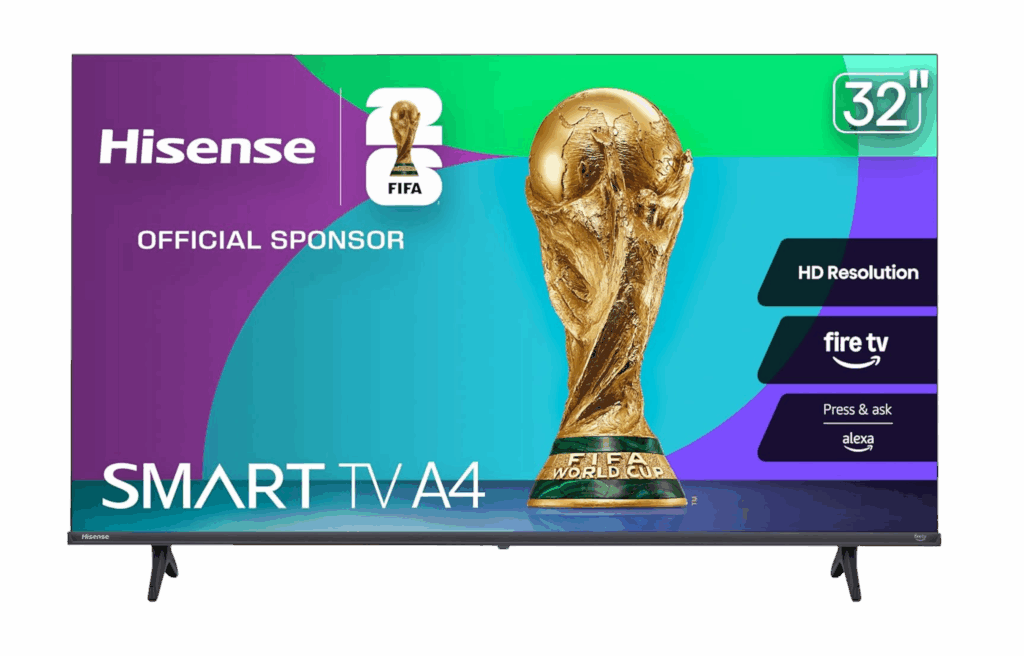 Hisense 32-inch smart TV with FIFA World Cup graphic on the screen.