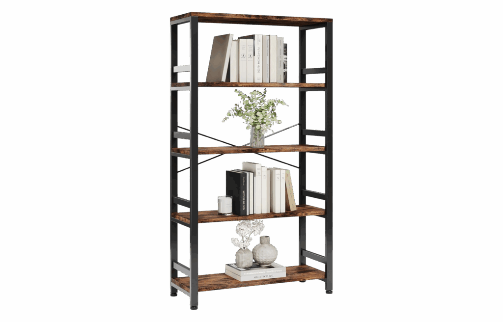 Tall bookshelf with wood shelves and black metal frame