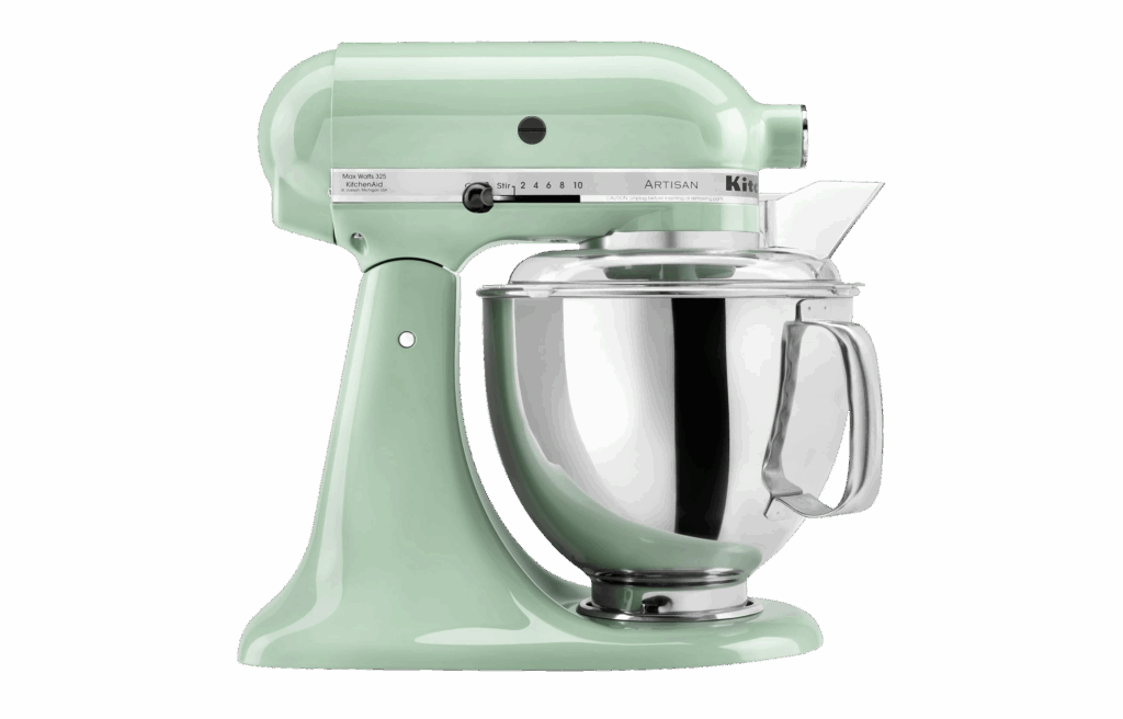 KitchenAid Artisan stand mixer in pastel green with metal mixing bowl.