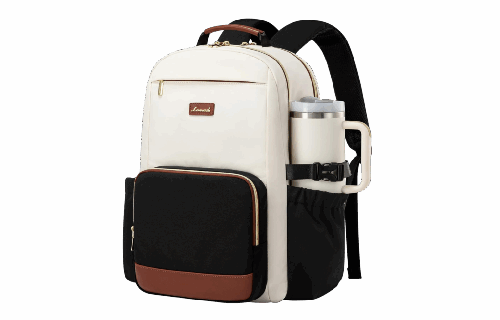A cream and black backpack with brown accents and multiple pockets.
