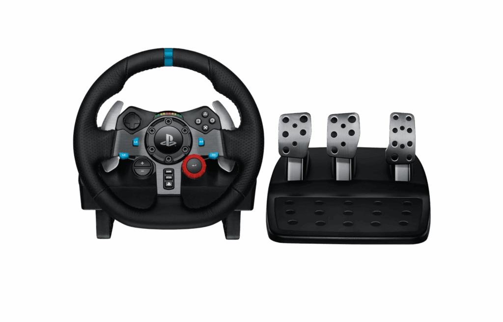 Logitech G29 racing wheel with pedals for PlayStation gaming.