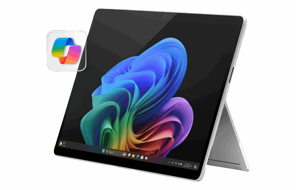 Microsoft Surface Pro tablet in kickstand mode with Windows display.