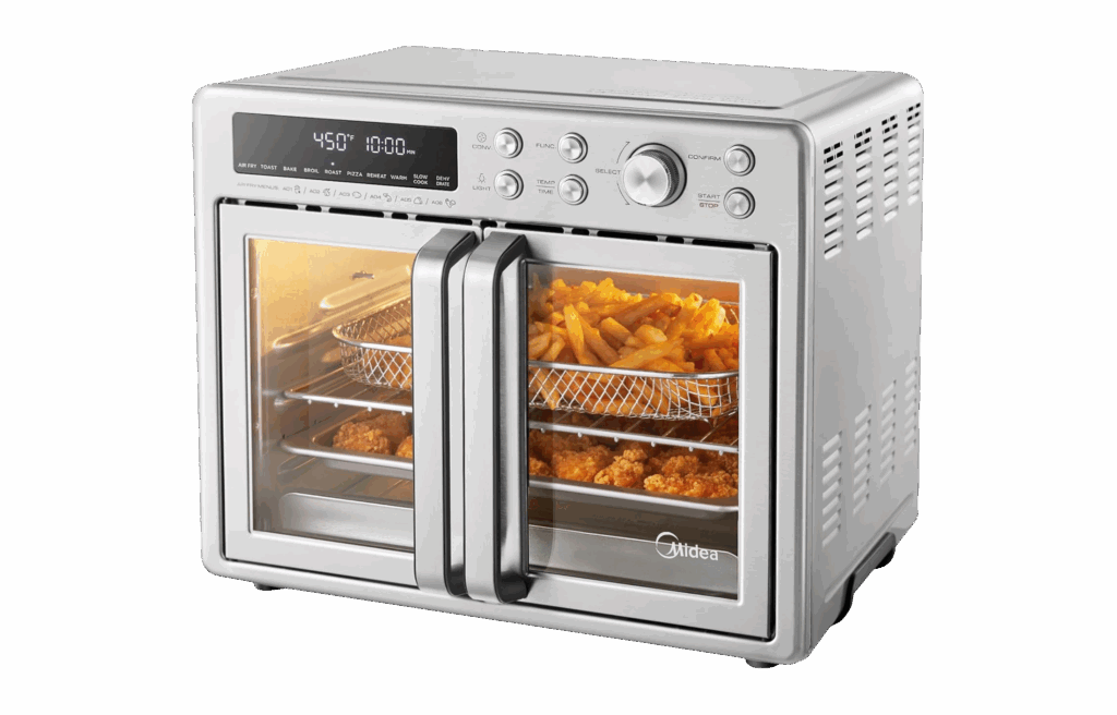 Midea stainless steel French door air fryer toaster oven with food inside.