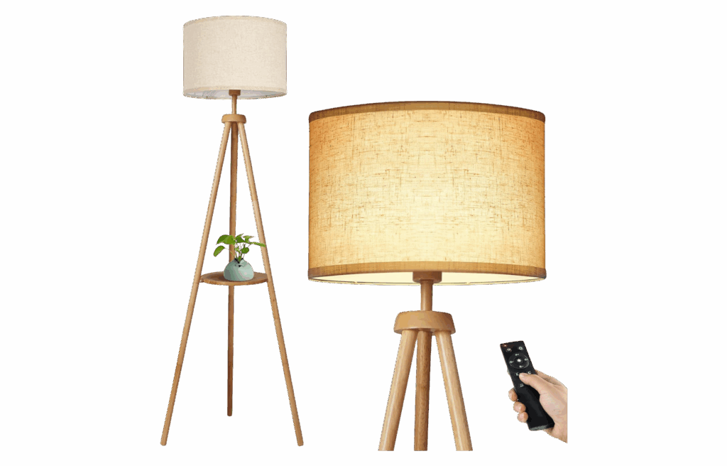 Wooden tripod floor lamp with fabric shade and remote