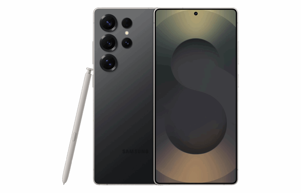 Samsung Galaxy S25 Ultra with quad cameras and included S Pen.