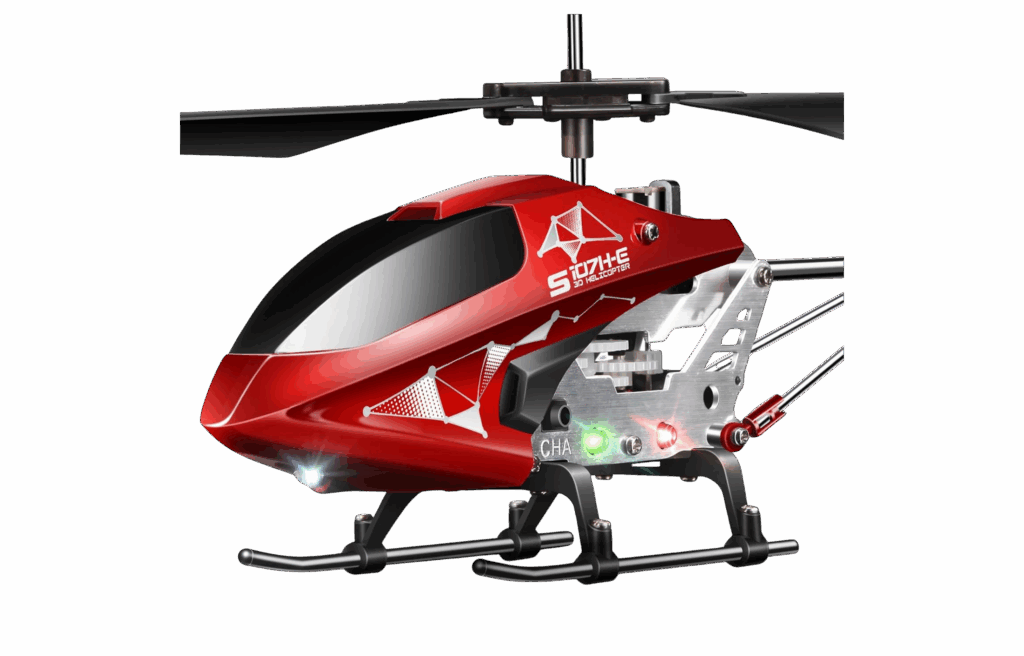 SYMA S107H-E red RC helicopter with LED lights.