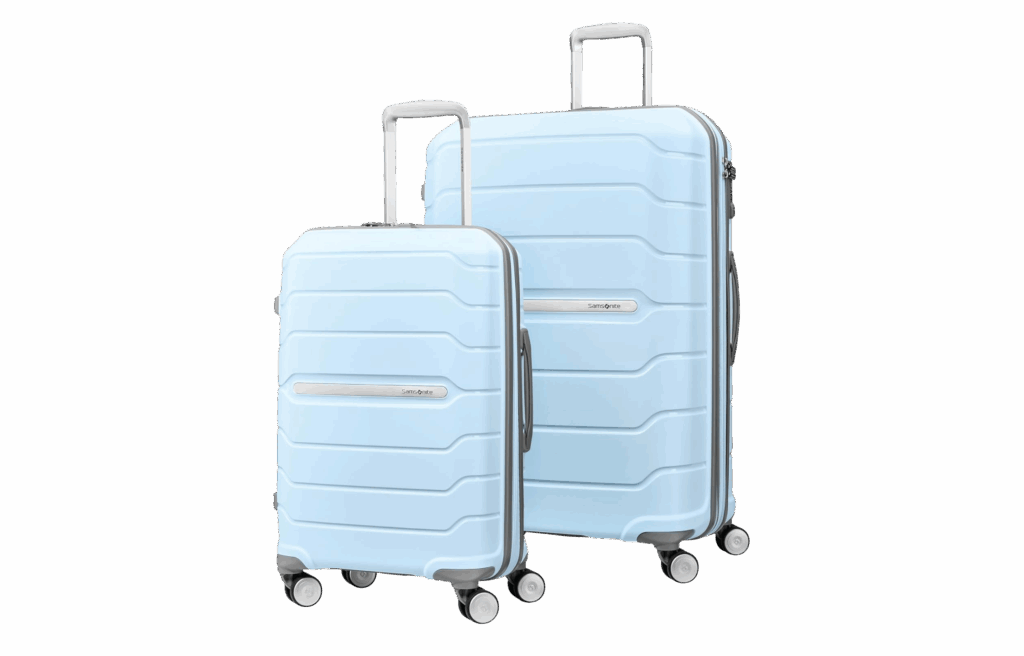 A light blue two-piece luggage set with spinner wheels.
