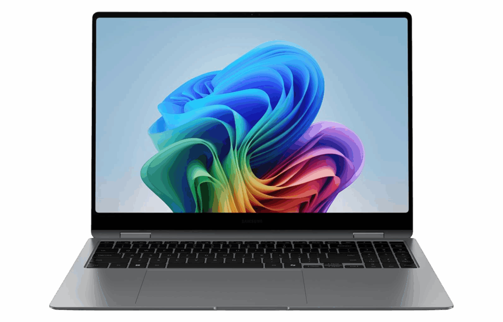 Samsung Galaxy Book Pro 360 laptop with vivid Windows wallpaper.