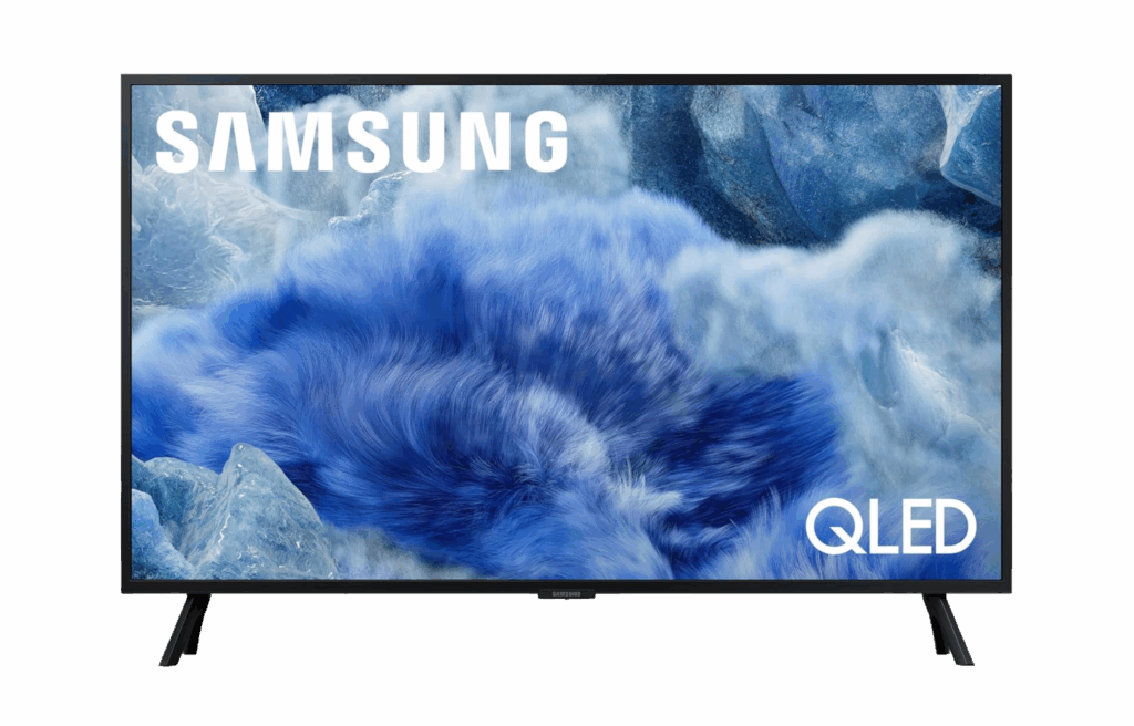Samsung 32-inch QLED TV displaying blue and white abstract textures.