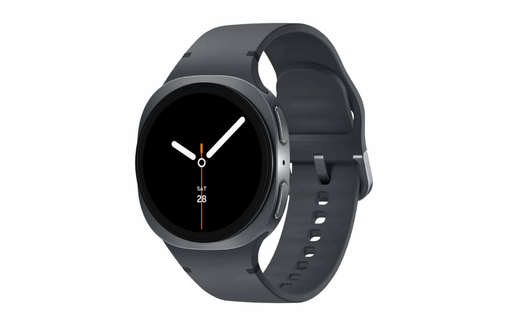 Samsung Galaxy Watch 8 with sleek grey band and simple watch face.