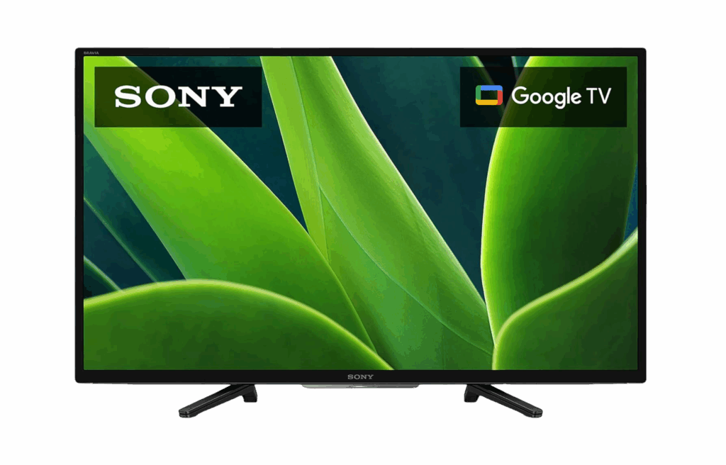 Sony 32-inch TV with Google TV interface showing green leaf wallpaper.