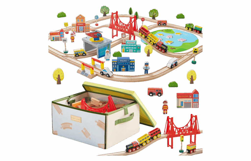 Tiny Land wooden train set with tracks, buildings, vehicles, and storage box.