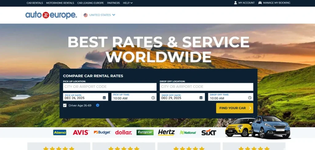 Auto Europe Homepage showing global car rental comparison with major providers and booking tools.