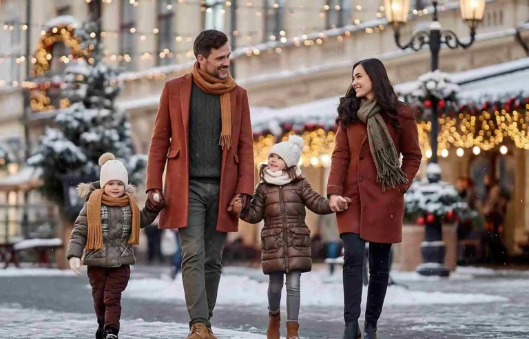Family relocating during the holidays, walking through a festive winter street with children.