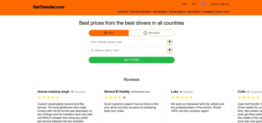GetTransfer Homepage displaying private transfer booking with vehicle selection and upfront pricing.