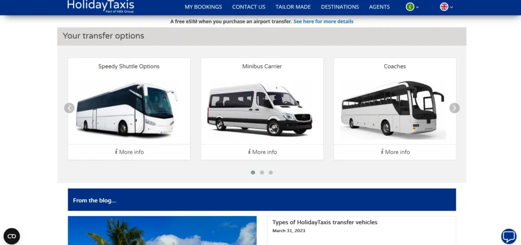 Holiday taxis transfer options showing speedy shuttles, minibus carriers, and coach vehicles available for group travel.